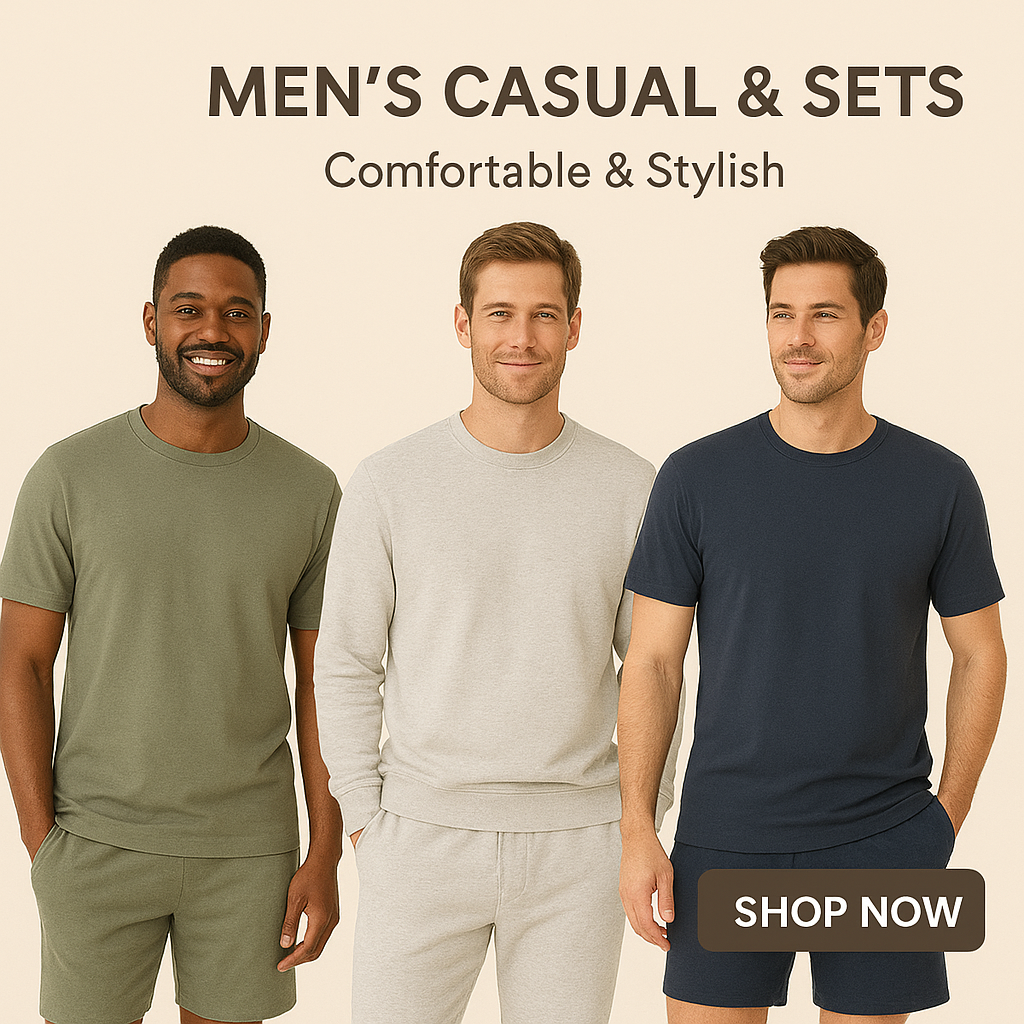 "Men’s casual wear and matching sets – comfortable, stylish outfits including t-shirts, joggers, shorts, and lounge sets perfect for everyday wear."