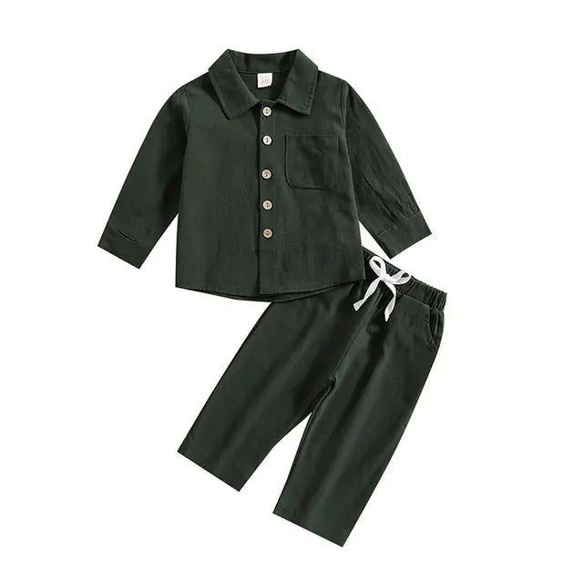 Boys' Cotton Linen Standing Collar 2-Piece Outfit – Casual Long Sleeve Shirt & Pants Set
