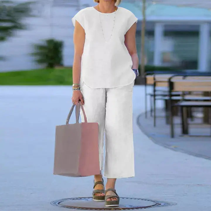 Women’s Cotton Linen Two-Piece Set – Round Neck Tank Top & Wide-Leg Pants