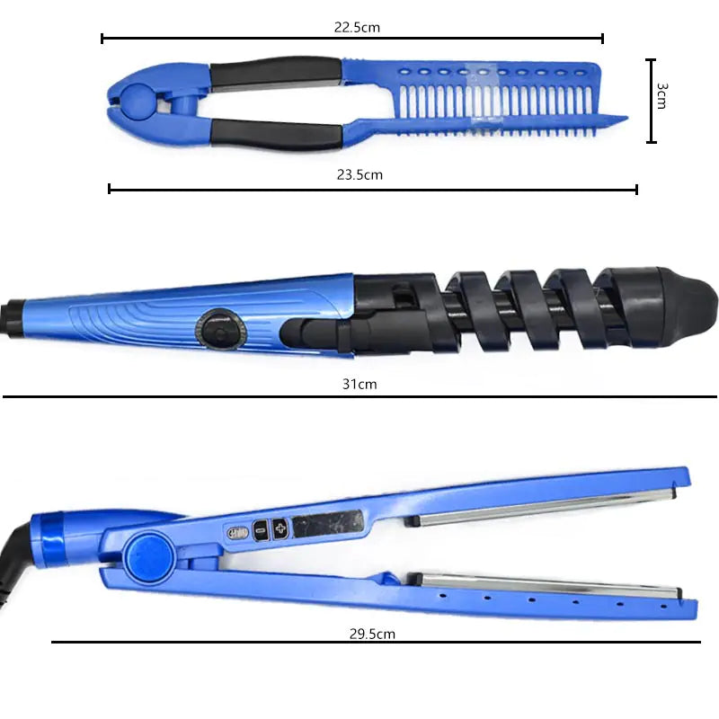 3-in-1 Hair Curling Wand, Straightener & Comb Set – Tourmaline Ceramic Styling Tool (Blue)