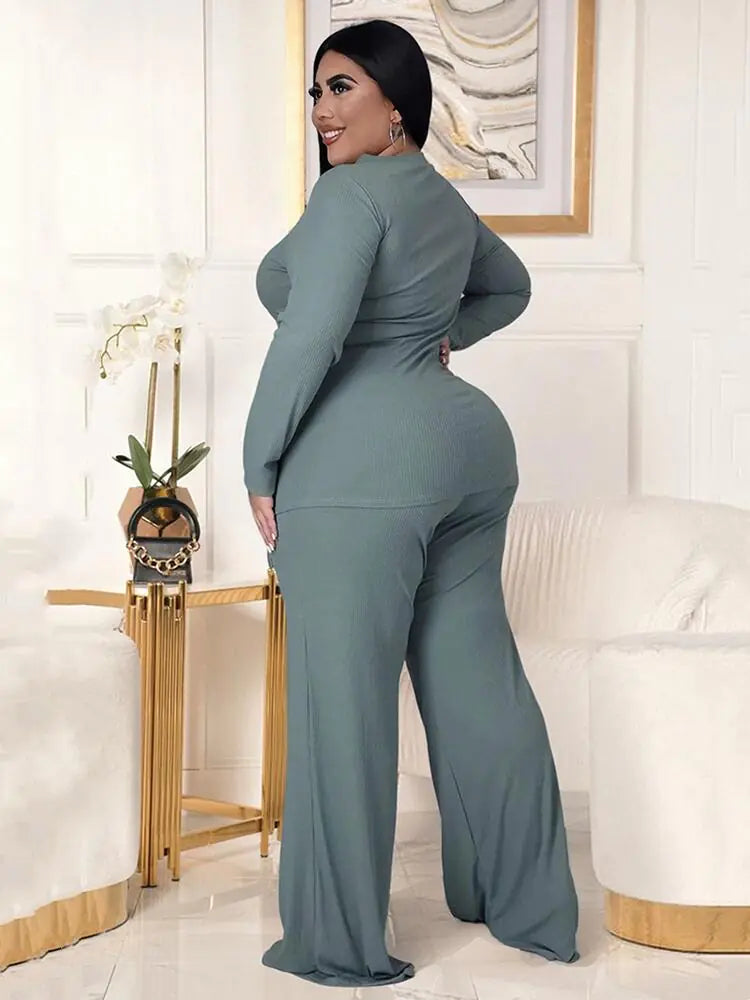 Plus Size Two Piece Set – Long Sleeve Top & Tailored Pants (XL–5XL)
