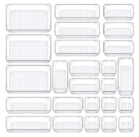 25-Piece Clear Plastic Drawer Organizer Set – Multi-Size Storage Bins for Makeup, Gadgets & More