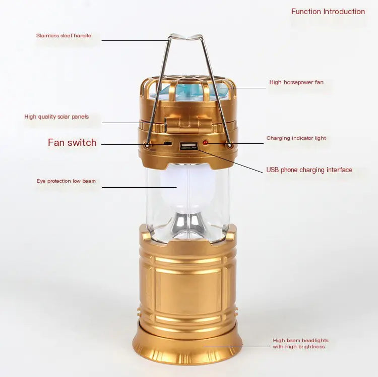 Solar Rechargeable Camping Lantern Fan – Portable Light & Cooling for Outdoor Adventures