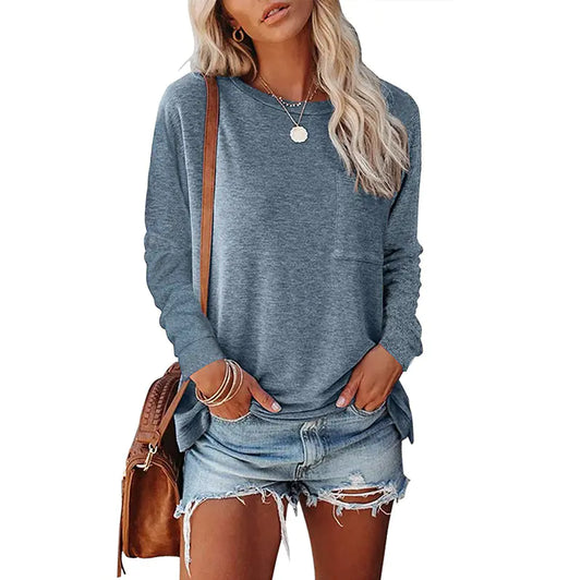 Pocket Split Long-Sleeved Casual T-Shirt – Comfy Everyday Style