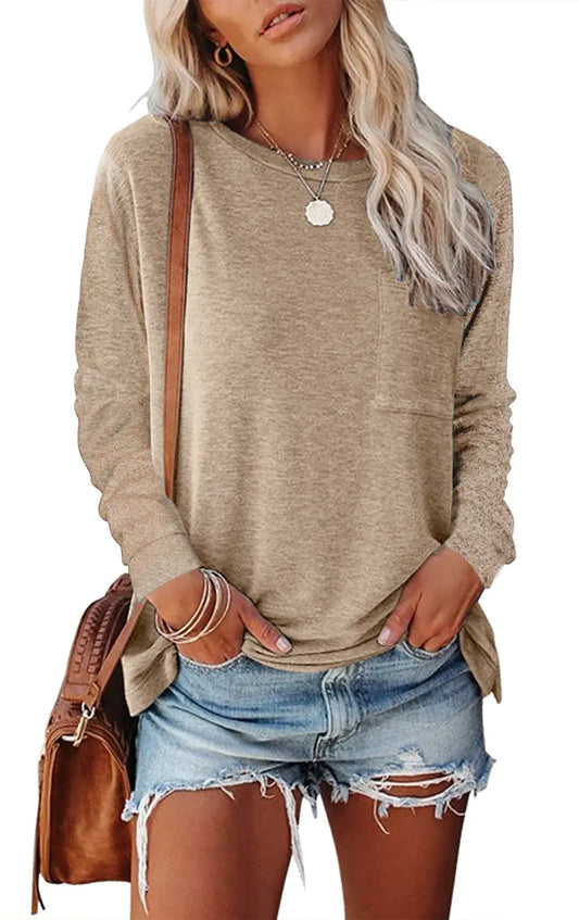 Pocket Split Long-Sleeved Casual T-Shirt – Comfy Everyday Style