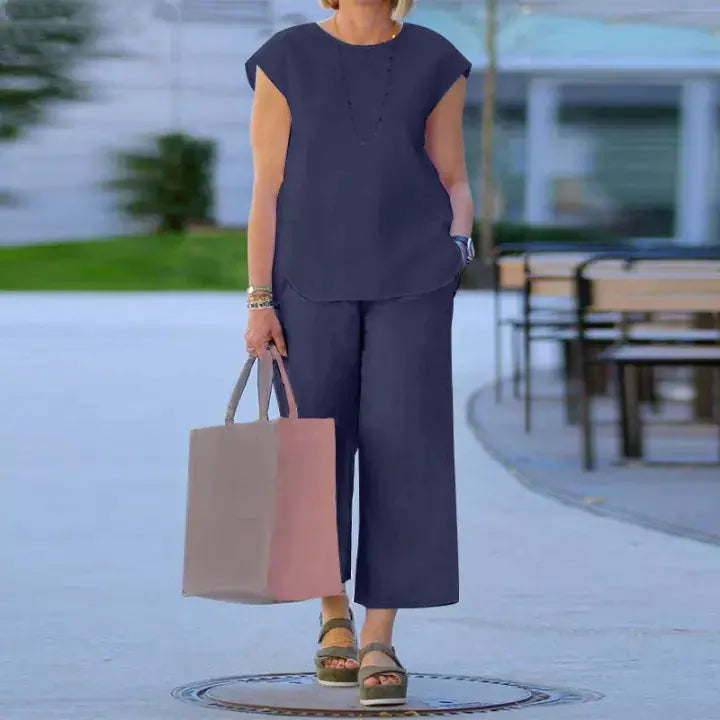 Women’s Cotton Linen Two-Piece Set – Round Neck Tank Top & Wide-Leg Pants