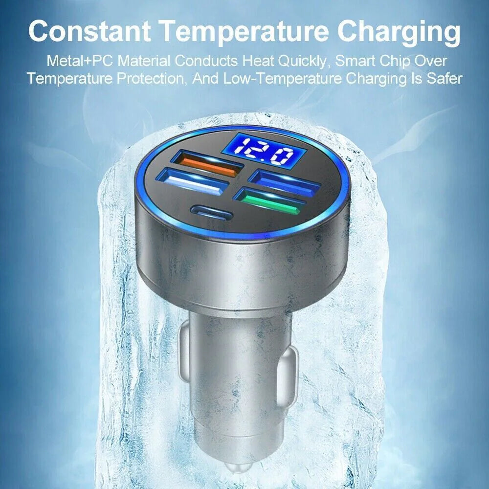 5-Port Super Fast Car Charger Adapter – USB & Type-C for iPhone, Samsung & Android