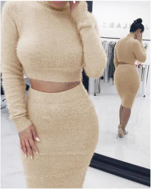 Chic Long Sleeve Women’s Two-Piece Sweater Set – Elegant Lotus Collar & Pencil Skirt