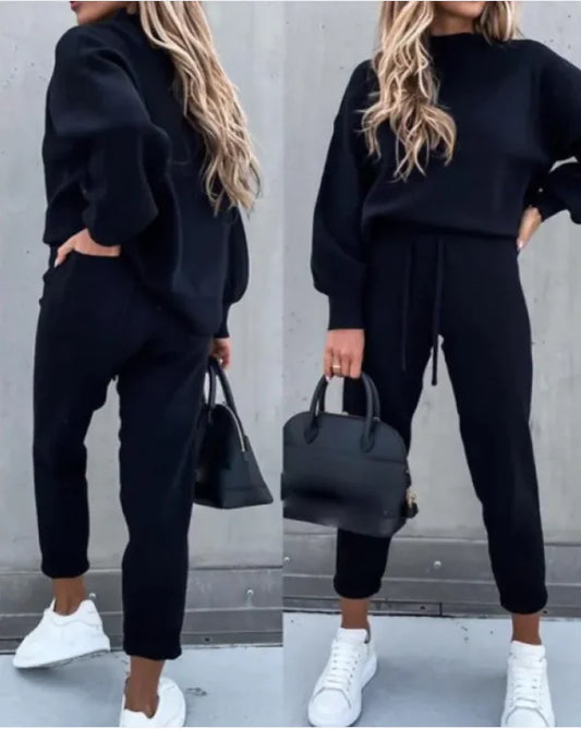 Women’s Casual Two-Piece Hoodie Lounge Set – Lantern Sleeve Sweater & Joggers