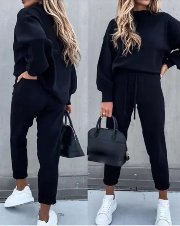 Women’s Casual Two-Piece Hoodie Lounge Set – Lantern Sleeve Sweater & Joggers