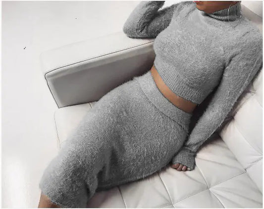 Chic Long Sleeve Women’s Two-Piece Sweater Set – Elegant Lotus Collar & Pencil Skirt
