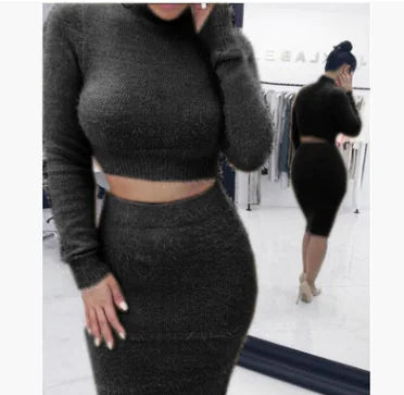 Chic Long Sleeve Women’s Two-Piece Sweater Set – Elegant Lotus Collar & Pencil Skirt