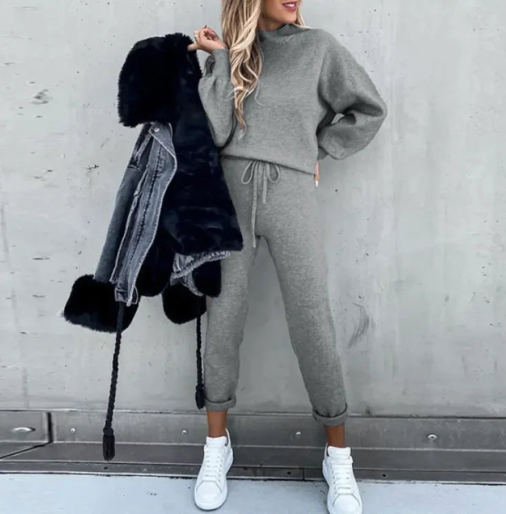 Women’s Casual Two-Piece Hoodie Lounge Set – Lantern Sleeve Sweater & Joggers