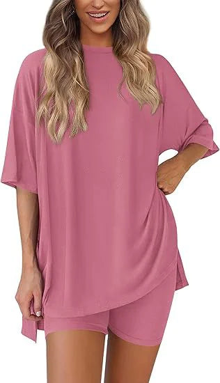 Women’s Solid Color Two-Piece Shorts Set – Summer Casual Outfit with Loose-Fit Top