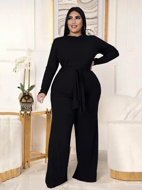 Plus Size Two Piece Set – Long Sleeve Top & Tailored Pants (XL–5XL)
