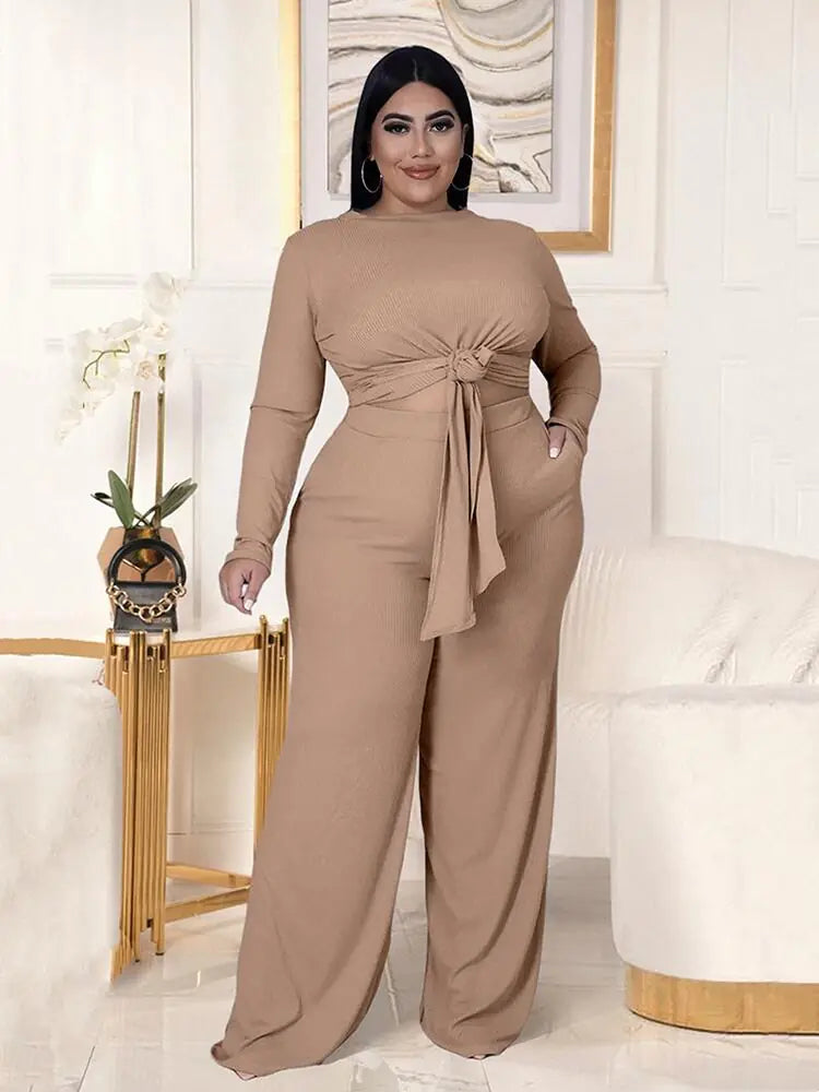 Plus Size Two Piece Set – Long Sleeve Top & Tailored Pants (XL–5XL)