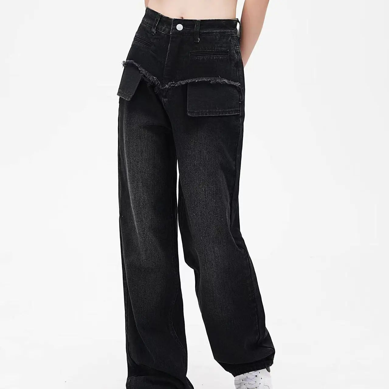 Retro Distressed Straight-Leg Jeans for Women – Blue & Black