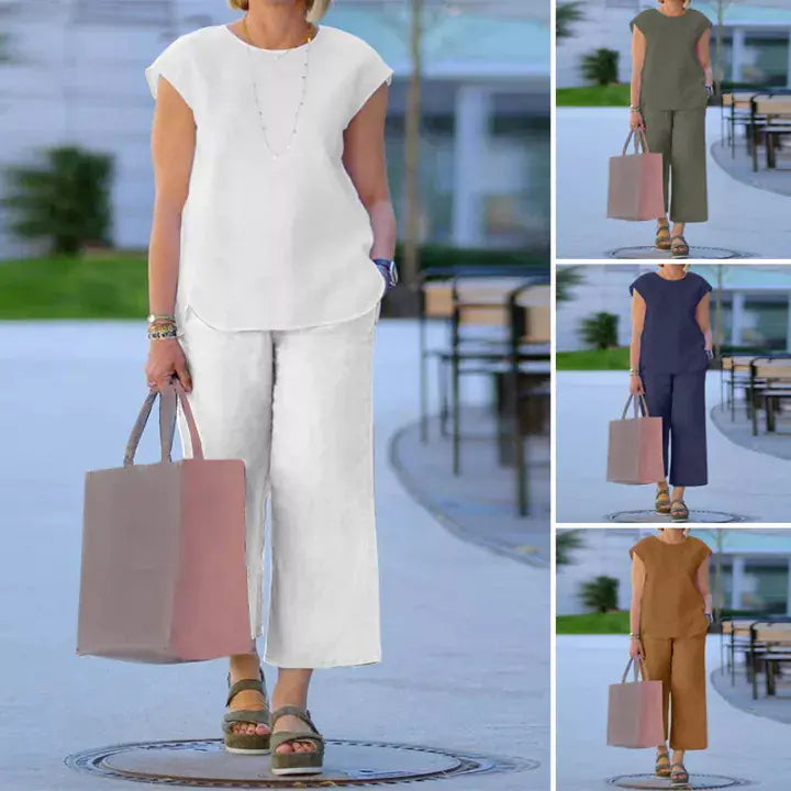 Women’s Cotton Linen Two-Piece Set – Round Neck Tank Top & Wide-Leg Pants