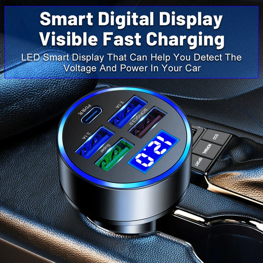 5-Port Super Fast Car Charger Adapter – USB & Type-C for iPhone, Samsung & Android