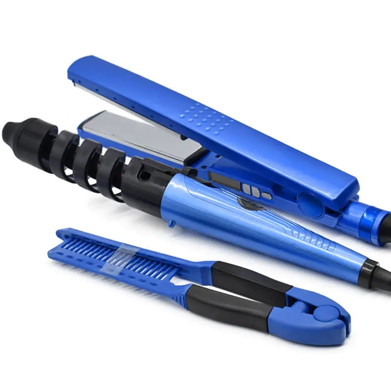 3-in-1 Hair Curling Wand, Straightener & Comb Set – Tourmaline Ceramic Styling Tool (Blue)