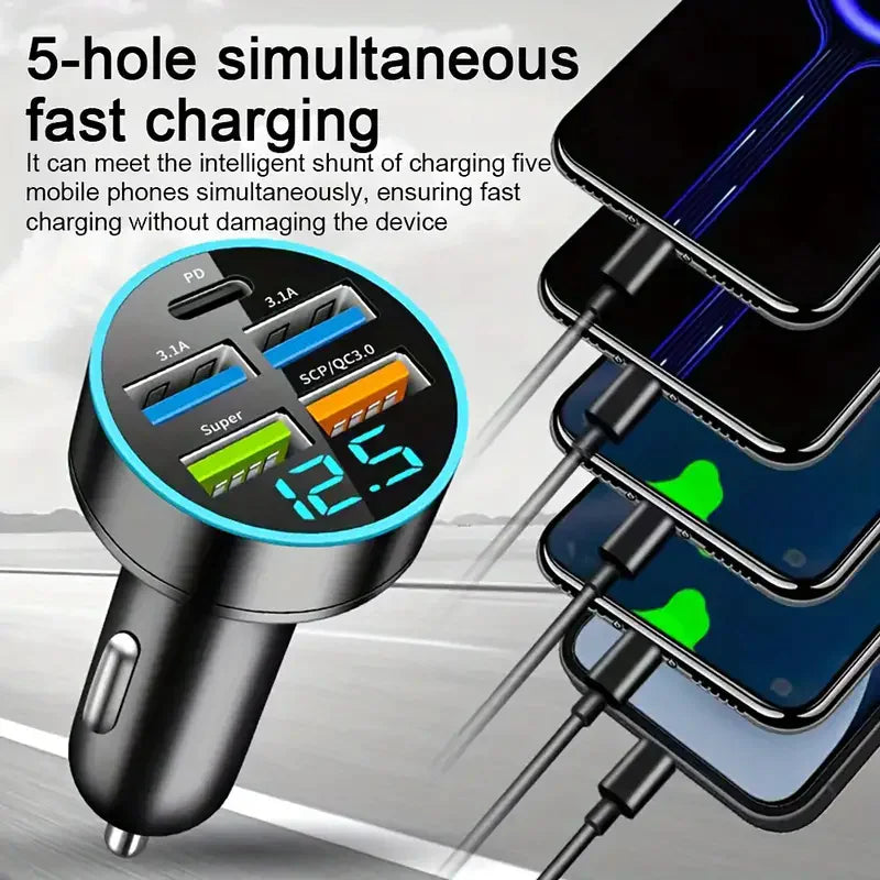 5-Port Super Fast Car Charger Adapter – USB & Type-C for iPhone, Samsung & Android