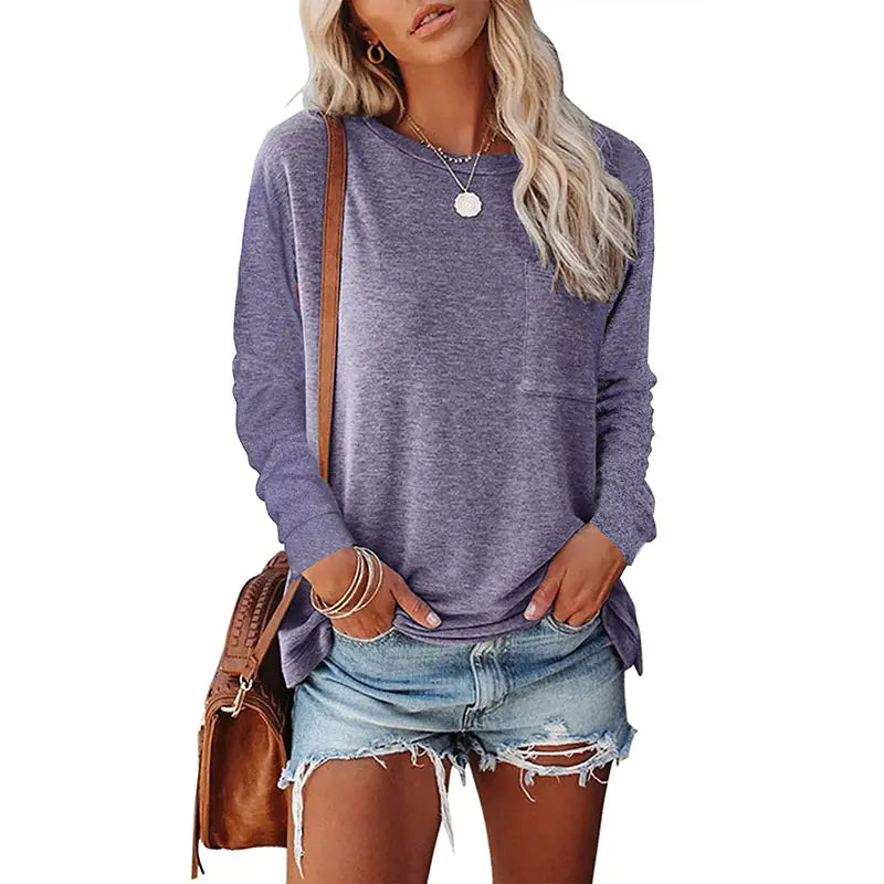 Pocket Split Long-Sleeved Casual T-Shirt – Comfy Everyday Style