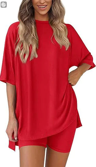 Women’s Solid Color Two-Piece Shorts Set – Summer Casual Outfit with Loose-Fit Top