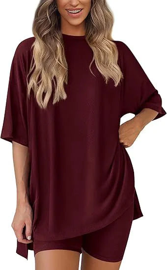 Women’s Solid Color Two-Piece Shorts Set – Summer Casual Outfit with Loose-Fit Top