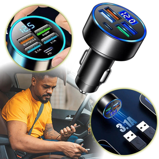 5-Port Super Fast Car Charger Adapter – USB & Type-C for iPhone, Samsung & Android