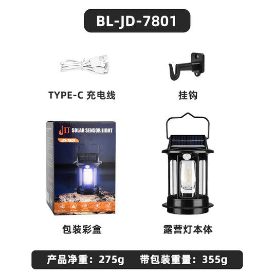 Retro solar camping lantern with warm light and motion sensor
Side Angle Image:
Vintage outdoor lantern solar powered with classic metal design
Top Solar Panel Close-Up:
Solar panel on vintage camping lantern for energy saving outdoor lighting
Light Emitter Close-Up:
Warm LED light inside retro solar lantern for camping and outdoor use
Lantern Hanging Outdoors:
Solar camping lantern hanging at campsite fo