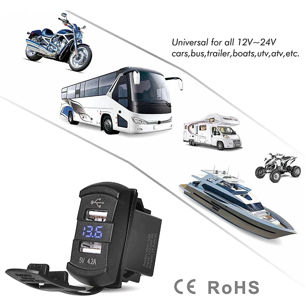 12V Dual USB Charger Socket with LED Voltmeter & Rocker Switch Panel – Car & Boat Power Adapter