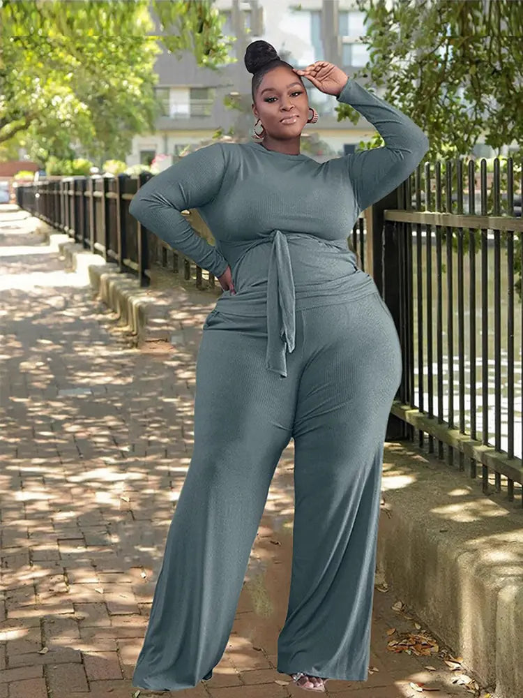 Plus Size Two Piece Set – Long Sleeve Top & Tailored Pants (XL–5XL)