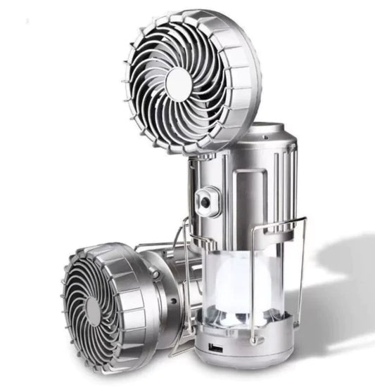 Portable camping lantern with built in fan solar powered and USB rechargeable
Side Angle Image:
Solar camping fan with LED light for outdoor hiking and tents
Top Solar Panel Close-Up:
Solar charging panel on camping lantern fan for energy saving outdoor use
Fan Blade Close-Up:
Cooling fan blades on portable camping lantern for airflow in tents
LED Light Close-Up:
Bright LED light on solar camping l