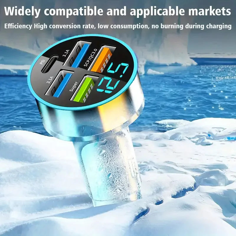 5-Port Super Fast Car Charger Adapter – USB & Type-C for iPhone, Samsung & Android