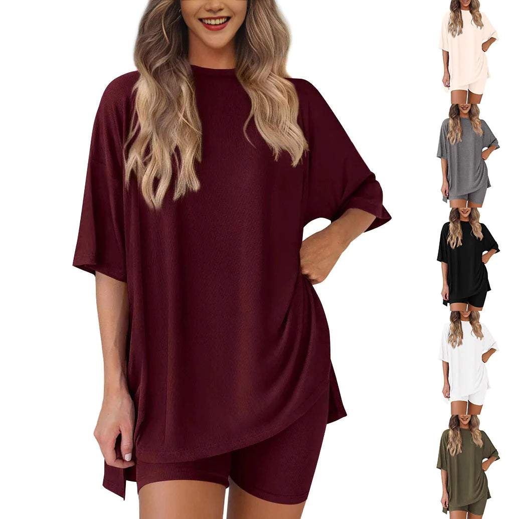 Women’s Solid Color Two-Piece Shorts Set – Summer Casual Outfit with Loose-Fit Top
