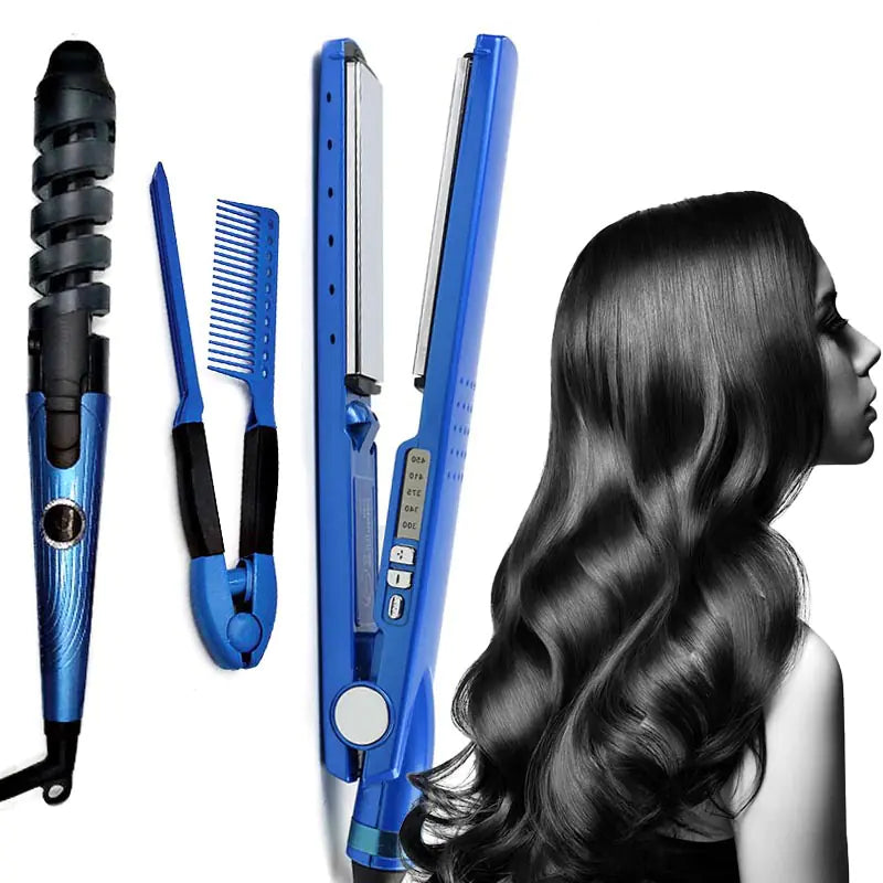 3-in-1 Hair Curling Wand, Straightener & Comb Set – Tourmaline Ceramic Styling Tool (Blue)