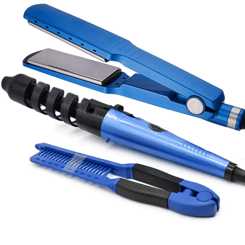 3-in-1 Hair Curling Wand, Straightener & Comb Set – Tourmaline Ceramic Styling Tool (Blue)