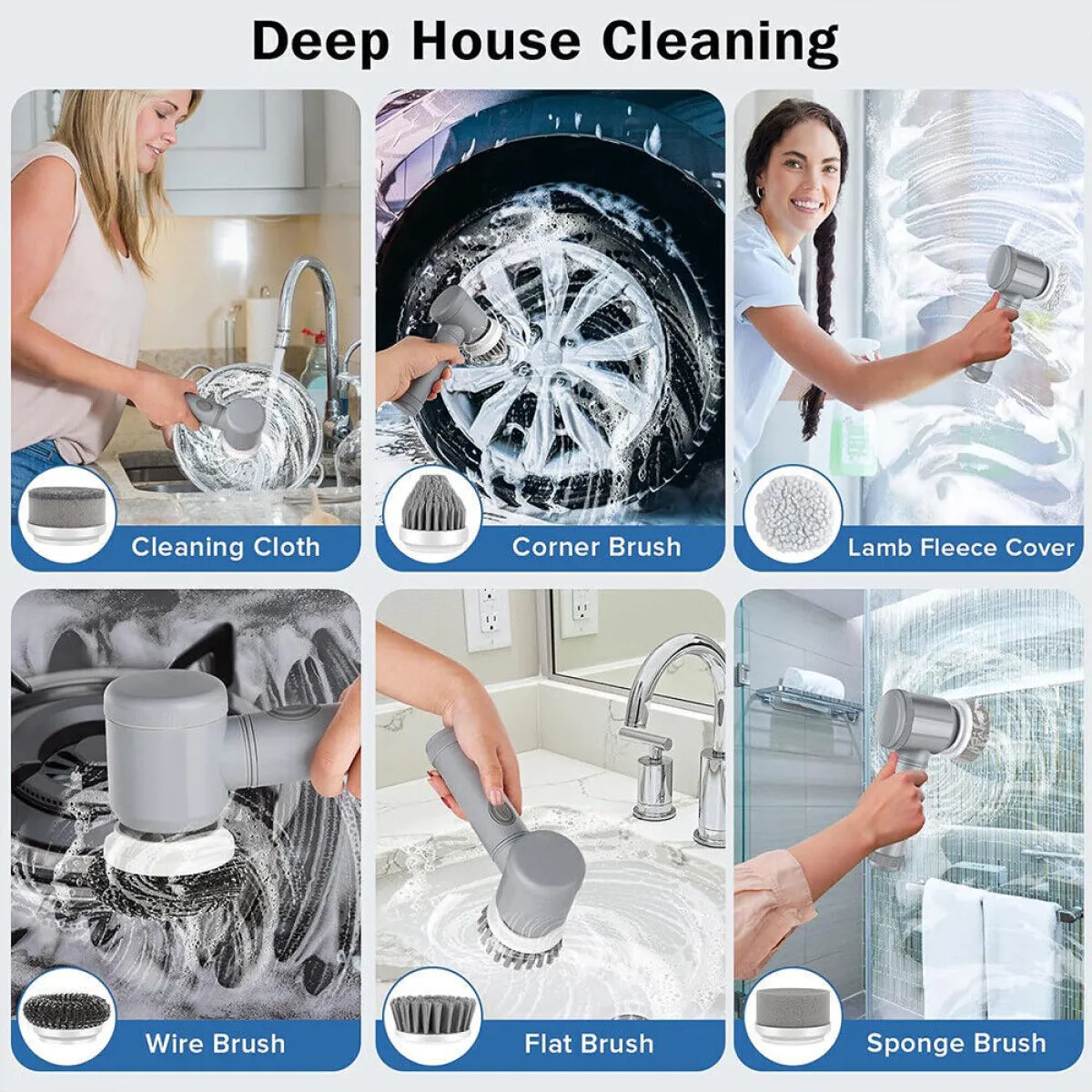 Rechargeable Electric Cordless Cleaning Brush with Interchangeable Heads
