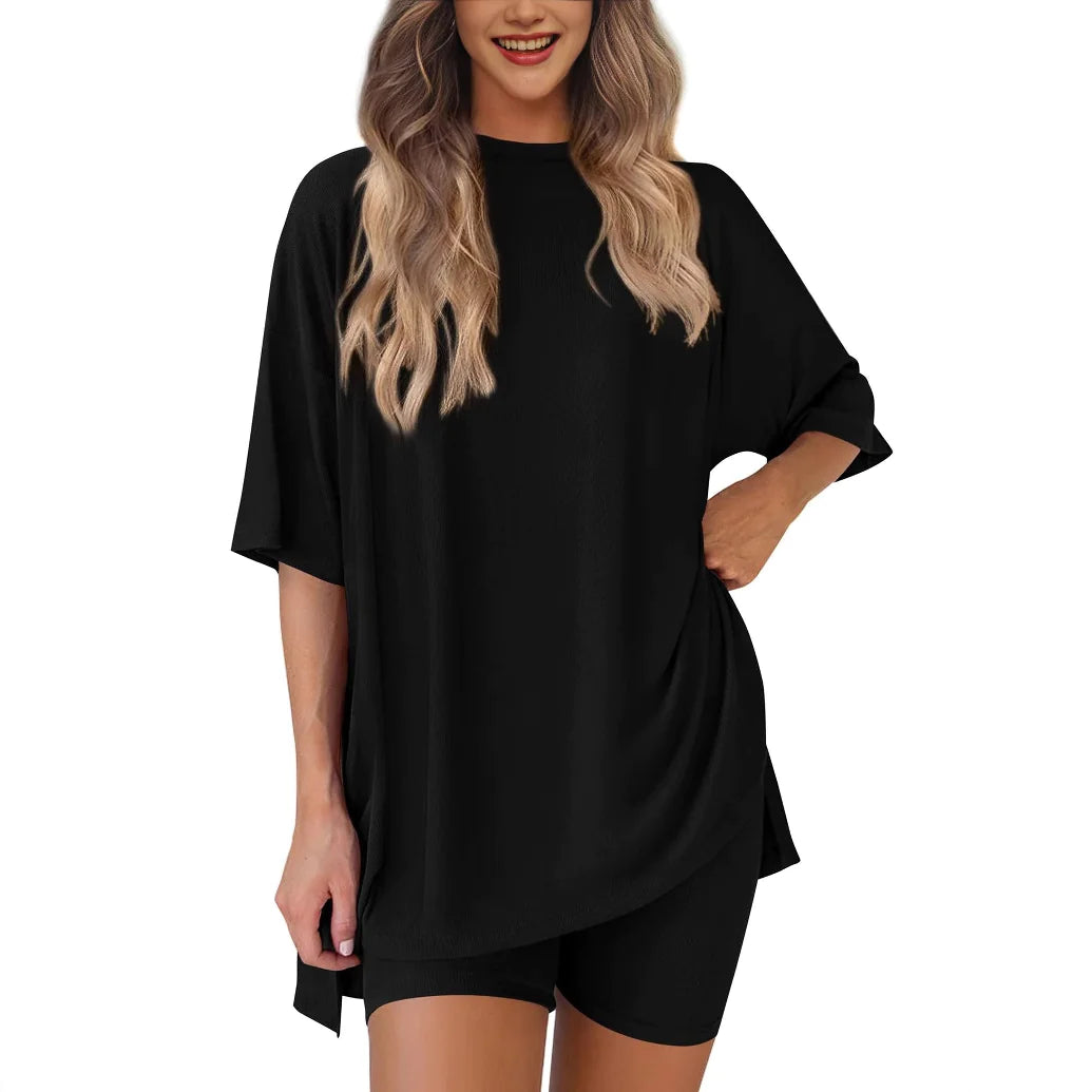 Women’s Solid Color Two-Piece Shorts Set – Summer Casual Outfit with Loose-Fit Top