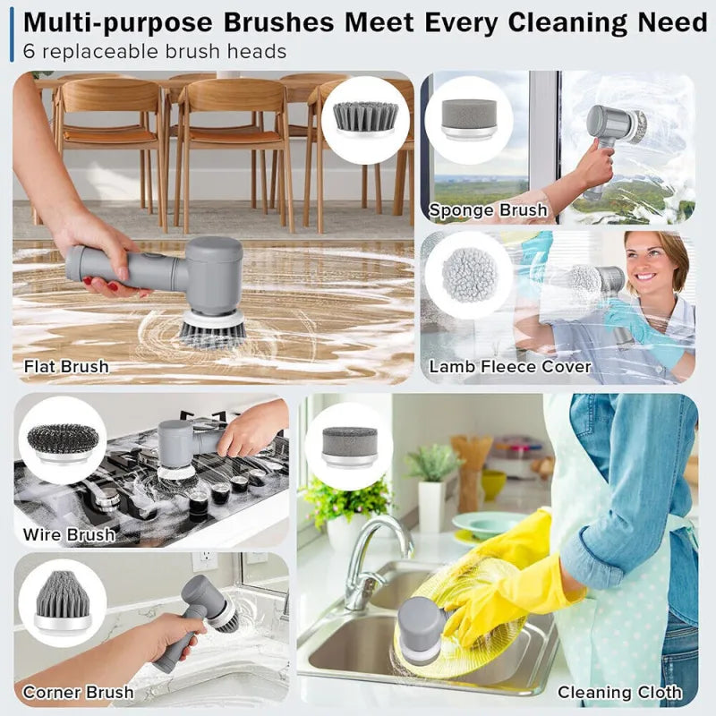 Rechargeable Electric Cordless Cleaning Brush with Interchangeable Heads