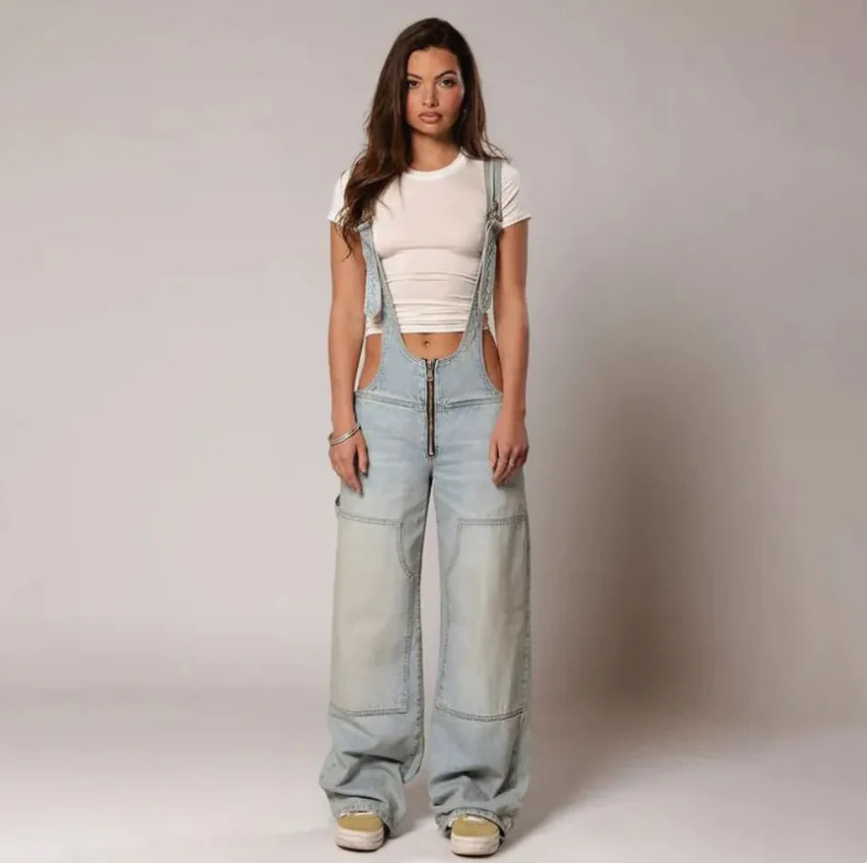 Y2K Denim Overalls – Loose Fit Retro Streetwear with Adjustable Suspenders
