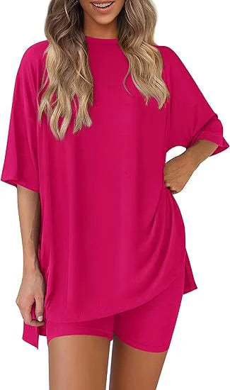 Women’s Solid Color Two-Piece Shorts Set – Summer Casual Outfit with Loose-Fit Top