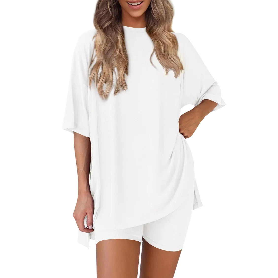 Women’s Solid Color Two-Piece Shorts Set – Summer Casual Outfit with Loose-Fit Top