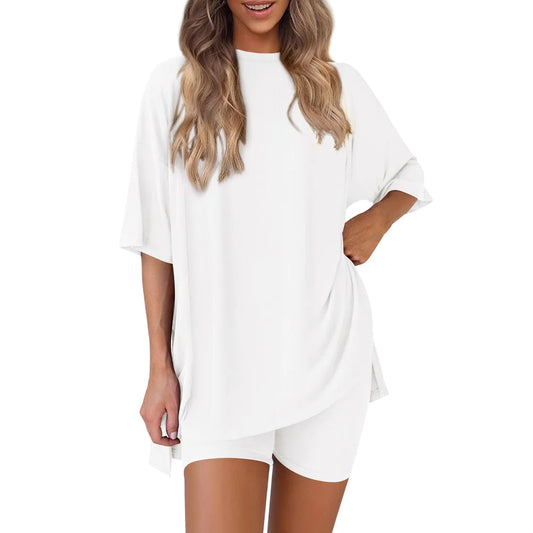 Women’s Solid Color Two-Piece Shorts Set – Summer Casual Outfit with Loose-Fit Top
