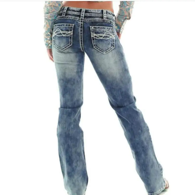 European & American Ladies Slim-Fit Jeans – Light Blue Distressed Denim