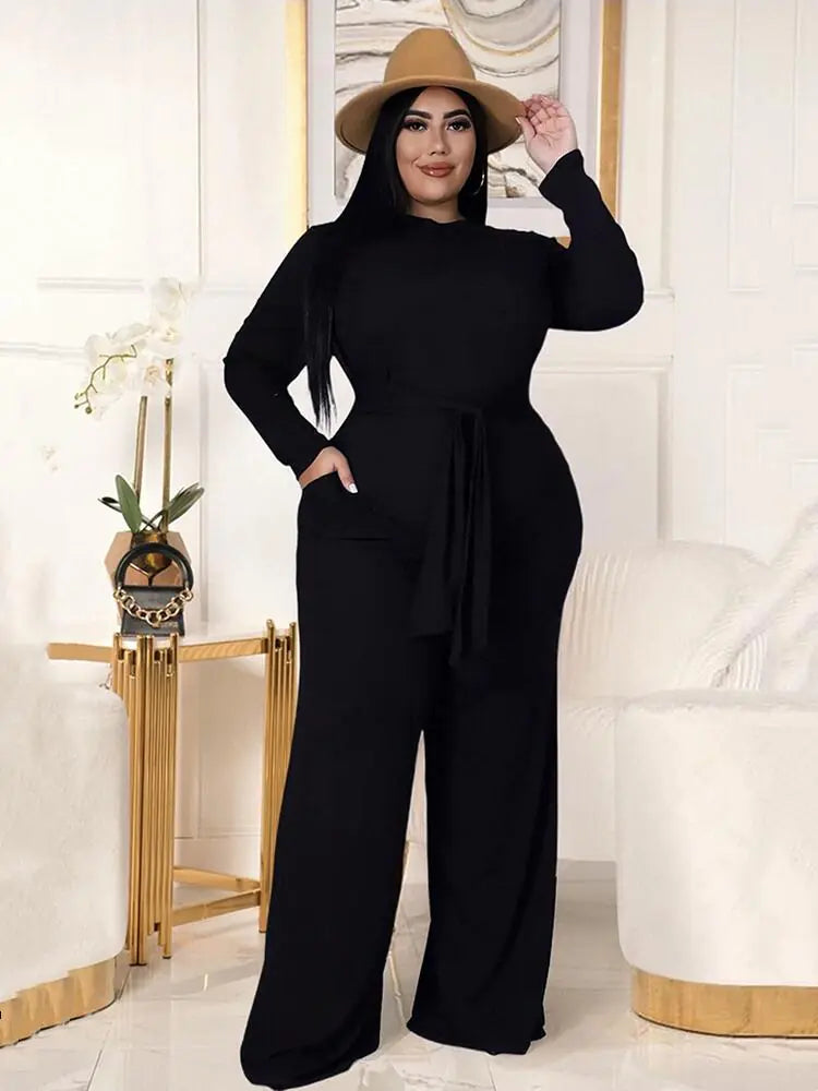 Plus Size Two Piece Set – Long Sleeve Top & Tailored Pants (XL–5XL)