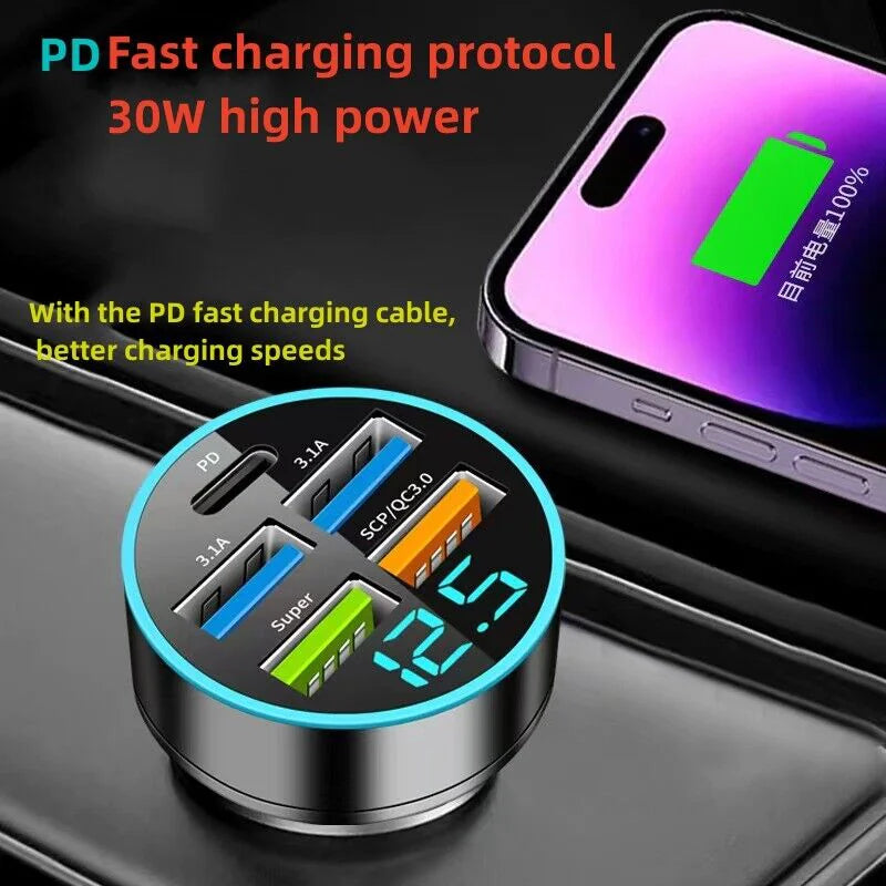 5-Port Super Fast Car Charger Adapter – USB & Type-C for iPhone, Samsung & Android
