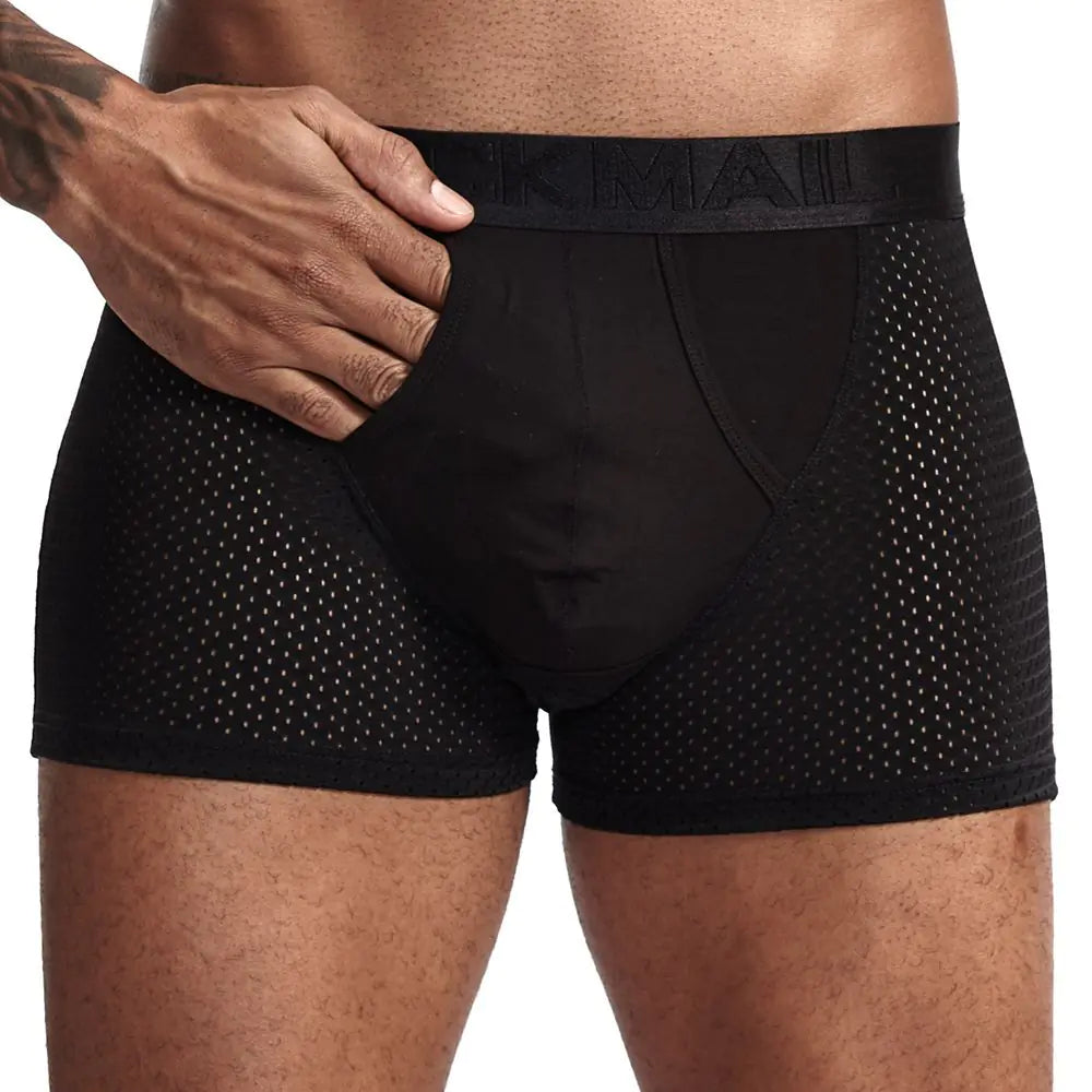Men’s Ice Silk Mesh Split Boxer Trousers – Breathable Elastic Cotton Underwear with Mid-Waist Fit