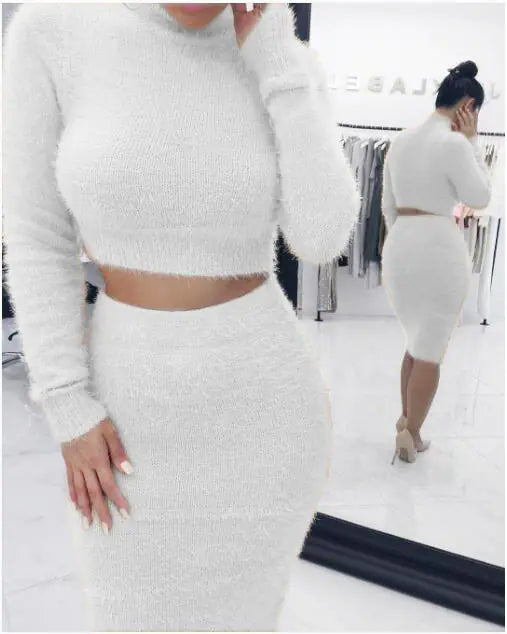 Chic Long Sleeve Women’s Two-Piece Sweater Set – Elegant Lotus Collar & Pencil Skirt