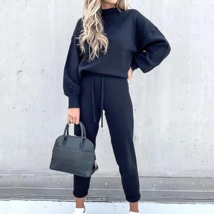 Women’s Casual Two-Piece Hoodie Lounge Set – Lantern Sleeve Sweater & Joggers